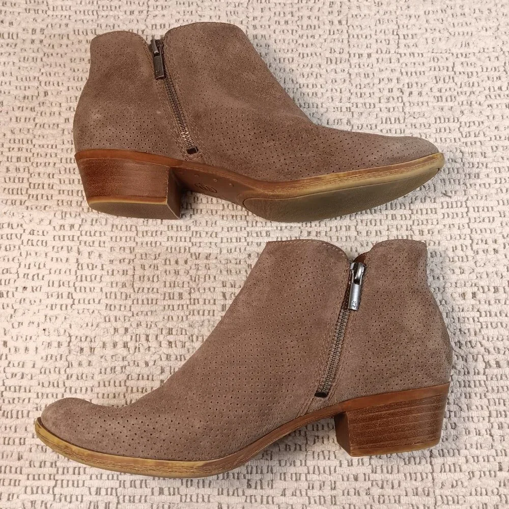 READ! Lucky Brand women's perforated suede leather double zipper ankle booties